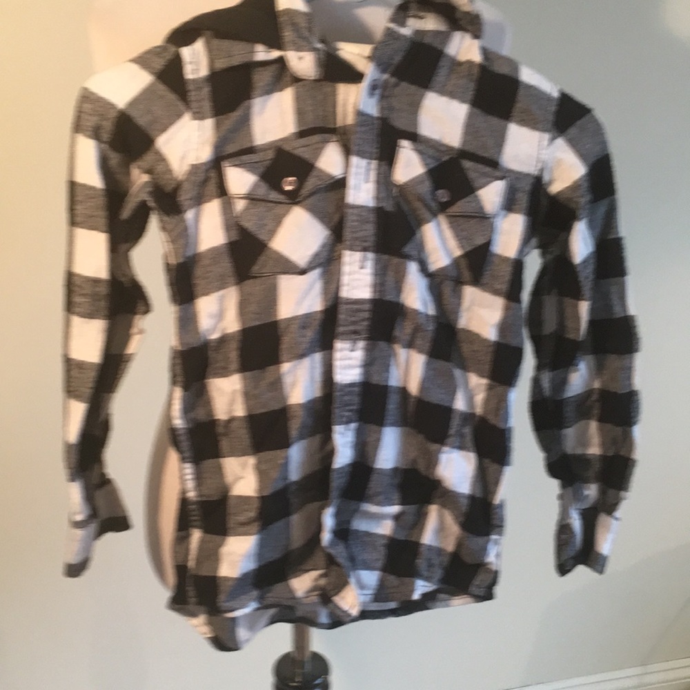 Utility black and white plaid shirt with black hood